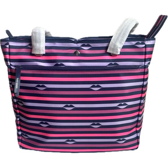NEW KATE SPADE Jae Nylon Striped Lip Print Large Tote Shoulder Bag Purse Novelty - Picture 3 of 8